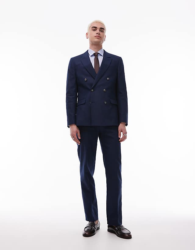 Topman double breasted linen blend suit in navy