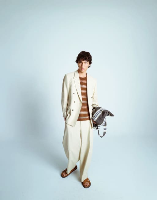 Topman Double Breasted Linen Blend Suit In Stone