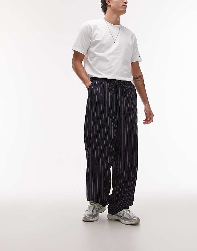 Topman Elasticated Waist Wide Leg Trouser In Navy
