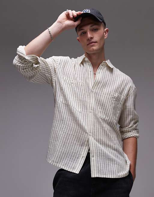 Topman long sleeve relaxed cheesecloth stripe in cream