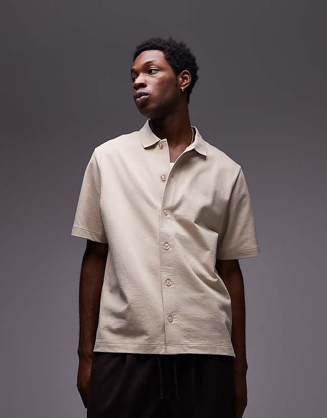 Topman Oversized Fit Button Through Jersey Shirt In Ecru