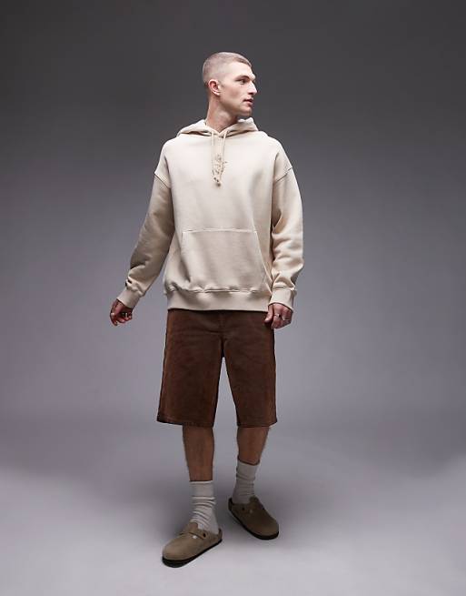 Topman Oversized Fit Hoodie With Floral Embroidery In Stone