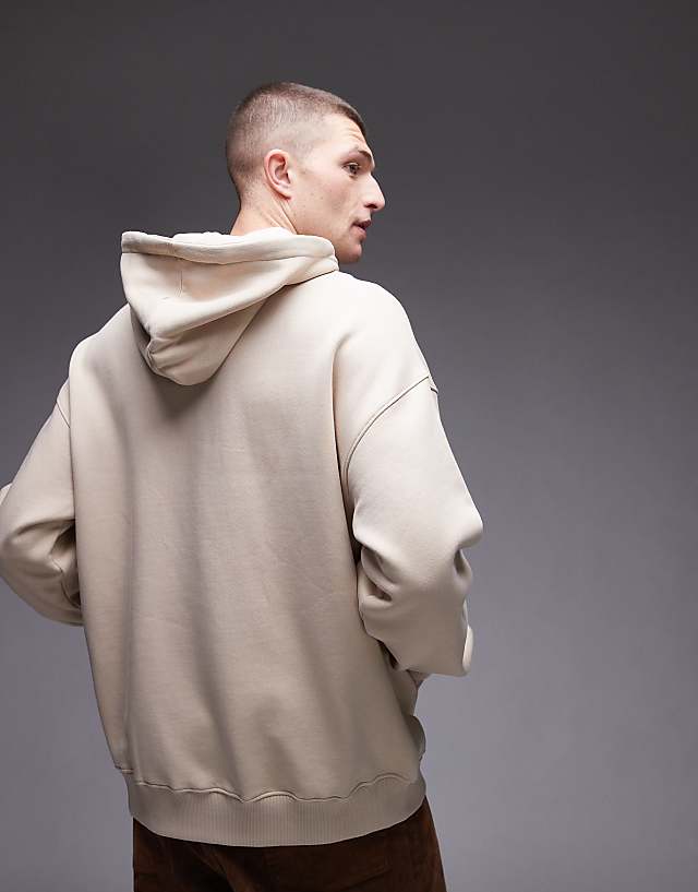 Topman Oversized Fit Hoodie With Floral Embroidery In Stone