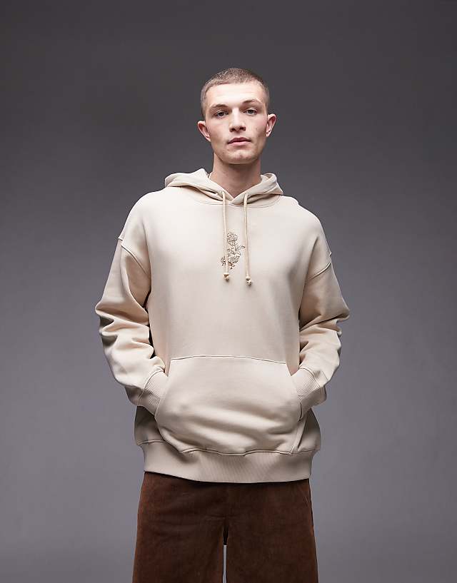 Topman Oversized Fit Hoodie With Floral Embroidery In Stone
