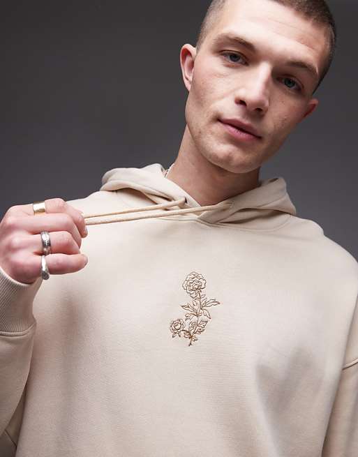 Topman oversized fit hoodie with floral embroidery in stone
