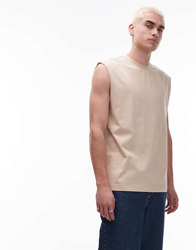 Topman oversized fit sleeveless t-shirt in stone