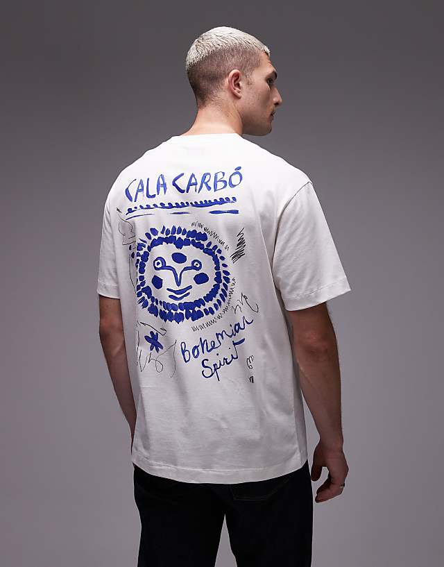 Topman oversized fit t-shirt with front and back Cala Carbo print in ecru