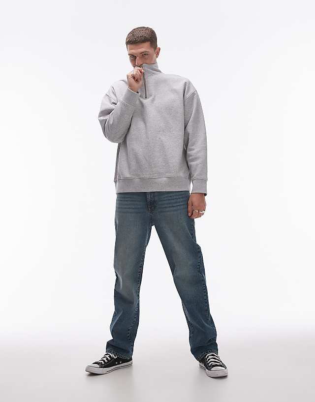 Topman Premium Heavyweight Oversized 1/4 Zip Sweatshirt In Grey Marl