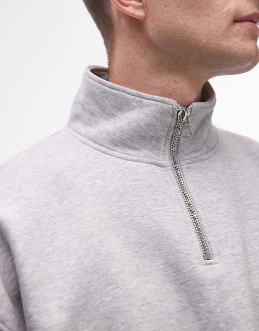 Topman Premium Heavyweight Oversized 1/4 Zip Sweatshirt In Grey Marl