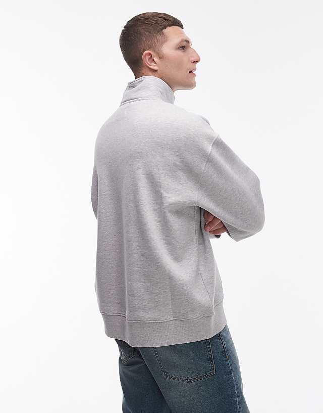 Topman Premium Heavyweight Oversized 1/4 Zip Sweatshirt In Grey Marl