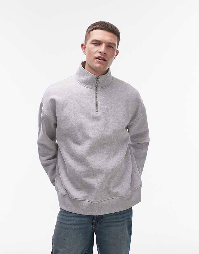 Topman premium heavyweight oversized 1/4 zip sweatshirt in grey marl
