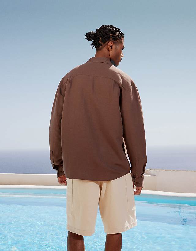 Topman Regular Fit Long Sleeve Linen Shirt In Brown