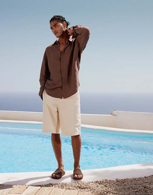 Topman Regular Fit Long Sleeve Linen Shirt In Brown
