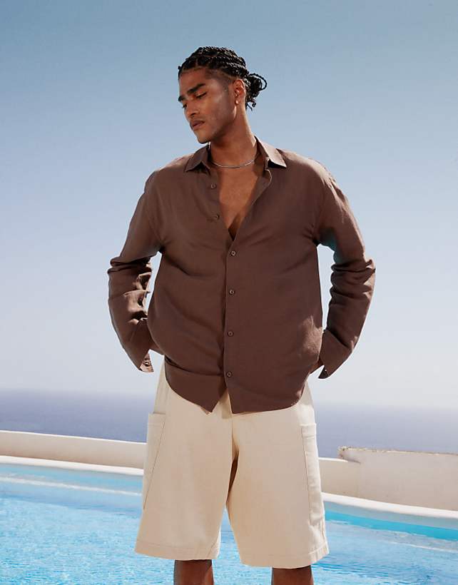 Topman regular fit long sleeve linen shirt in brown