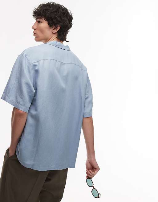 Topman Regular Fit Short Sleeve Linen Blend Shirt In Light Blue
