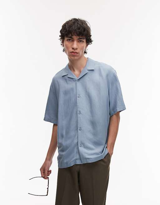 Topman Regular Fit Short Sleeve Linen Blend Shirt In Light Blue