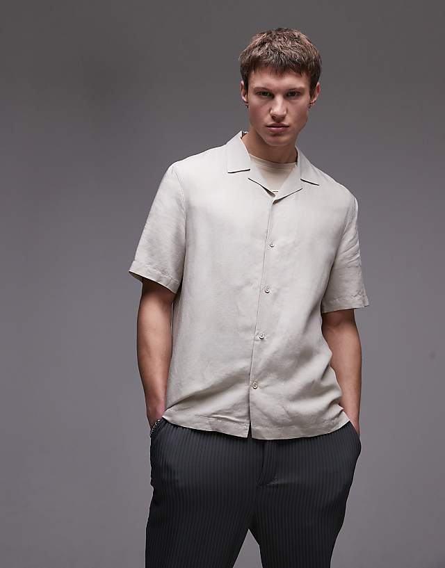 Topman Regular Fit Short Sleeve Linen Blend Shirt In Stone