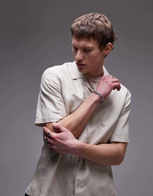 Topman regular fit short sleeve linen blend shirt in stone