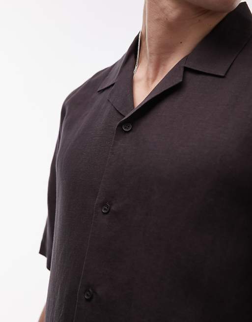 Topman Regular Fit Short Sleeve Linen Blend Shirt In Black