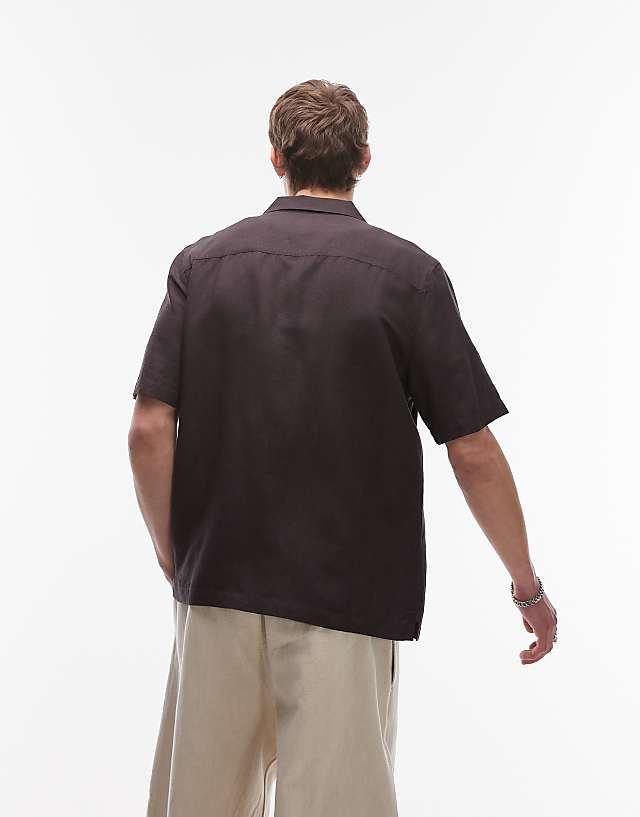 Topman Regular Fit Short Sleeve Linen Blend Shirt In Black
