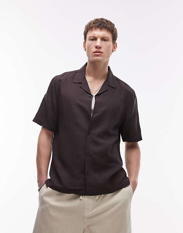 Topman Regular Fit Short Sleeve Linen Blend Shirt In Black