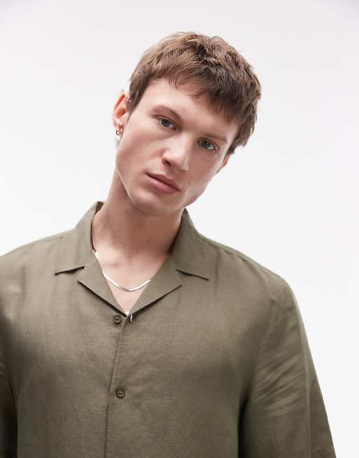 Topman Regular Fit Short Sleeve Linen Blend Shirt In Khaki