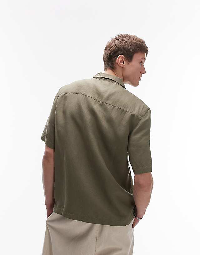 Topman Regular Fit Short Sleeve Linen Blend Shirt In Khaki