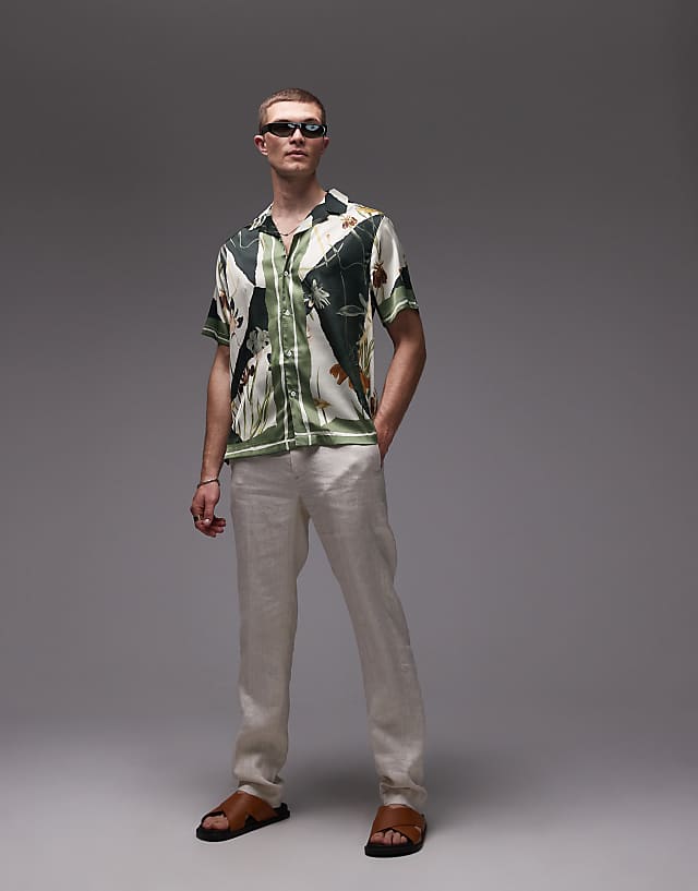 Topman Short Sleeve Satin Printed Shirt In Dark Green