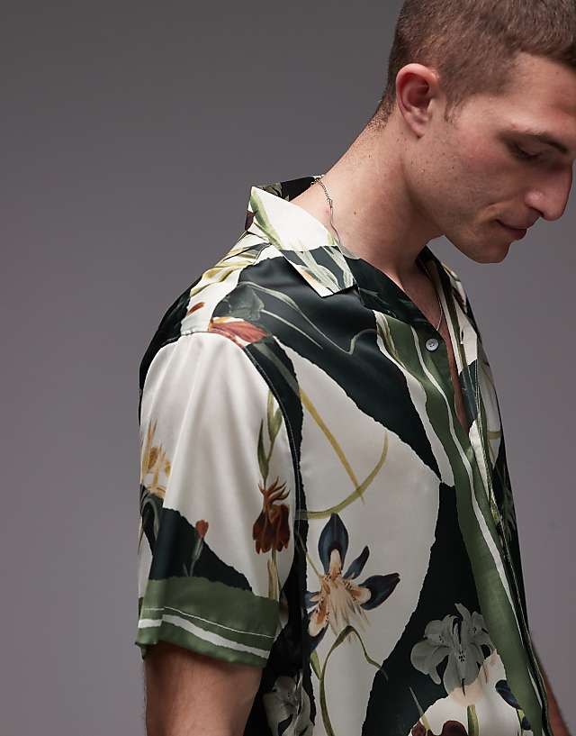 Topman Short Sleeve Satin Printed Shirt In Dark Green