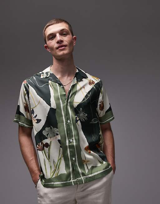 Topman short sleeve satin printed shirt in dark green
