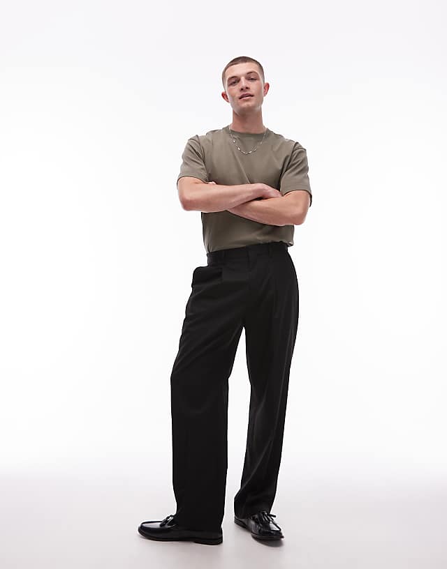 Topman Smart Wide Leg Pleated Trousers In Black