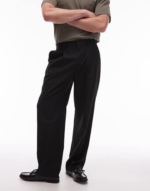 Topman smart wide leg pleated trousers in black