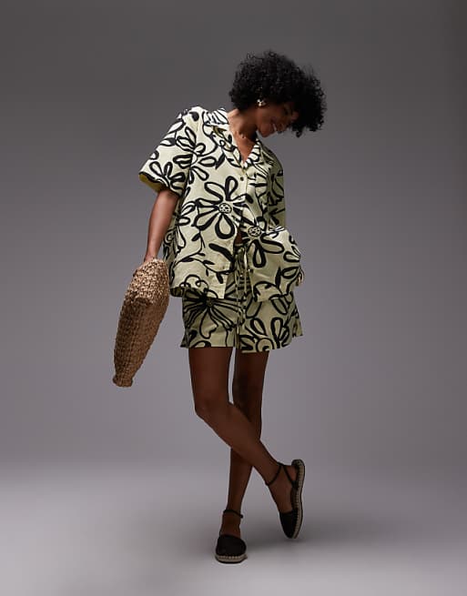 Topshop Co Ord High Rise Drawcord Linen Shorts In Bright Yellow Print
