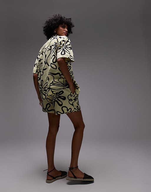 Topshop Co Ord High Rise Drawcord Linen Shorts In Bright Yellow Print