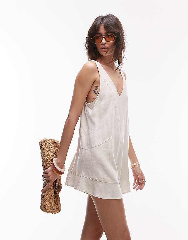 Topshop Deep V Chuck On Linen Playsuit In Natural