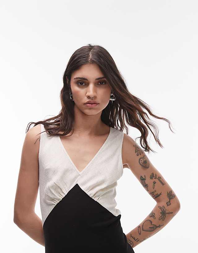 Topshop Deep V Contrast Linen Midi Dress In Black
