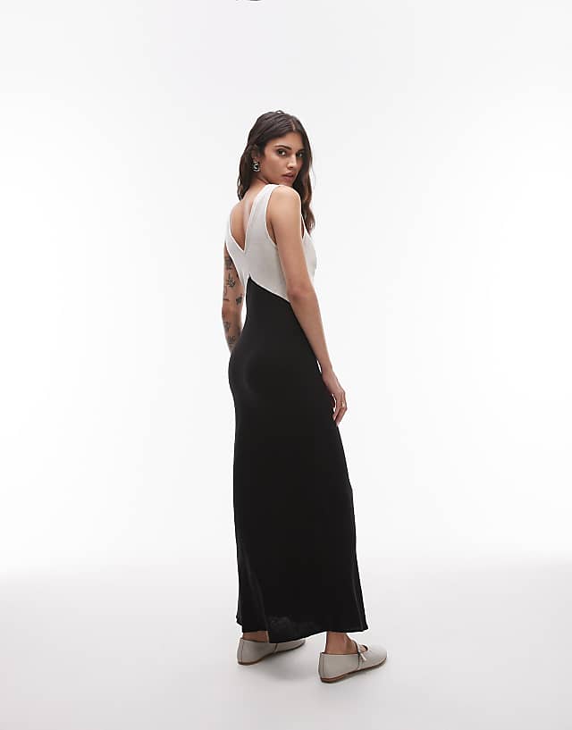 Topshop Deep V Contrast Linen Midi Dress In Black