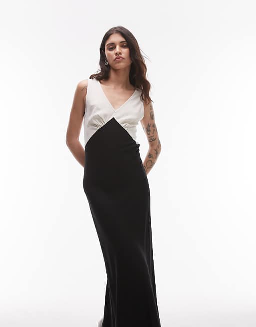 Topshop Deep V Contrast Linen Midi Dress In Black