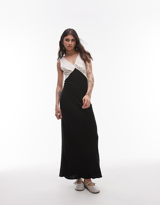 Topshop Deep V Contrast Linen Midi Dress In Black