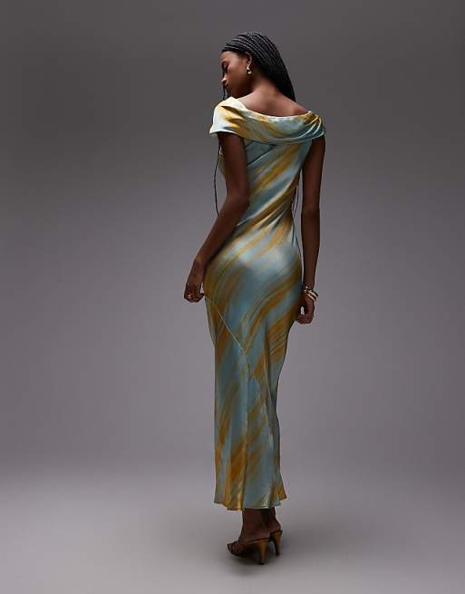 Topshop Drape Shoulder Maxi Occasion Dress In Blurred Rust Print