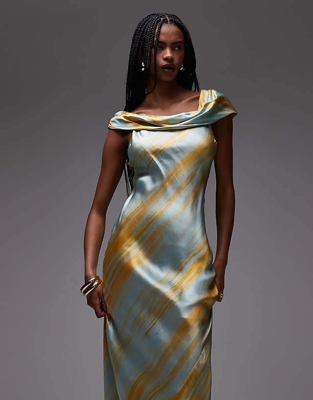 Topshop Drape Shoulder Maxi Occasion Dress In Blurred Rust Print