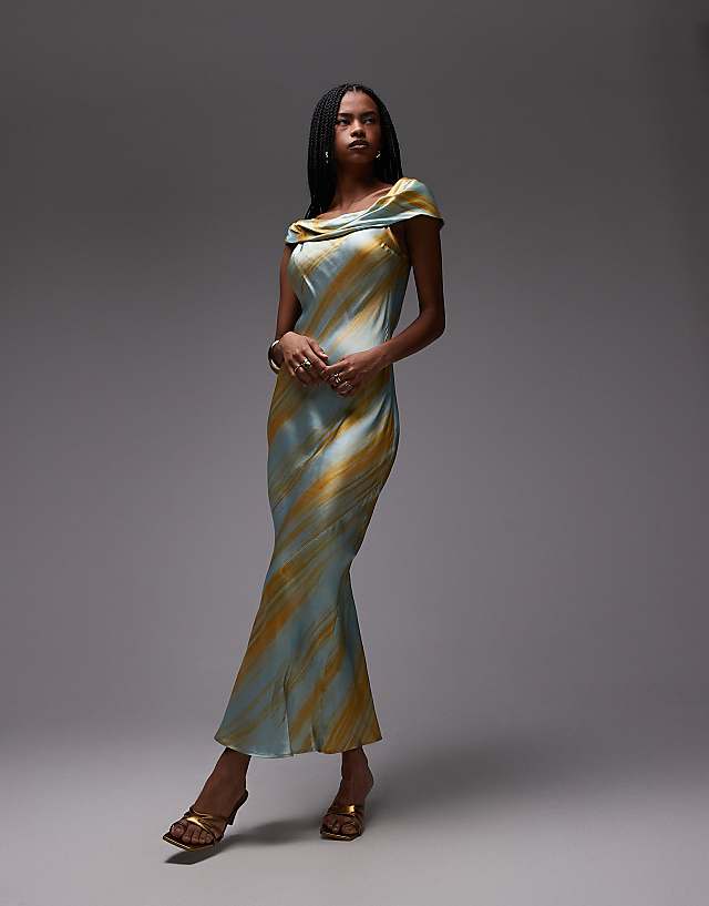 Topshop Drape Shoulder Maxi Occasion Dress In Blurred Rust Print