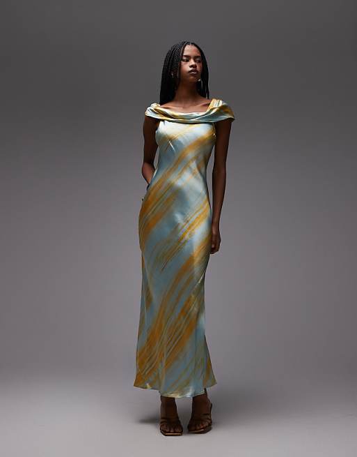 Topshop Drape Shoulder Maxi Occasion Dress In Blurred Rust Print