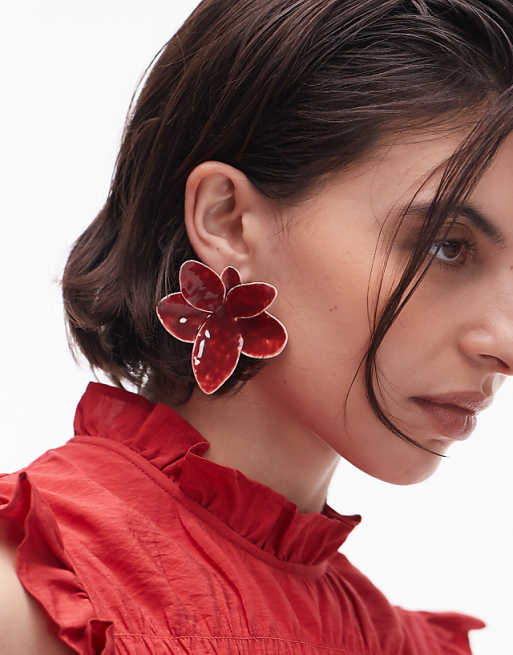 Topshop Ellie Statement Orchid Earrings In Red