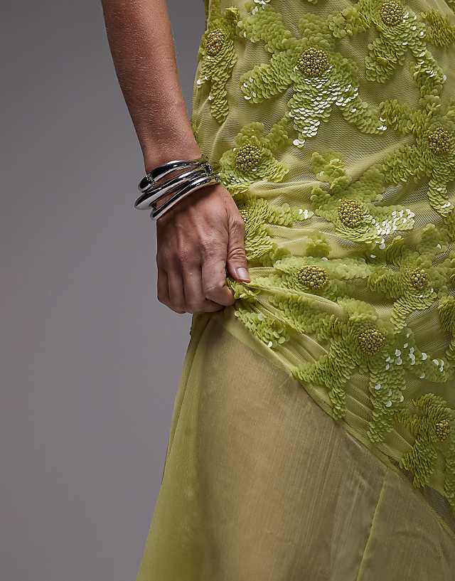 Topshop Embellished Godet Hem Cami Dress In Lime Green