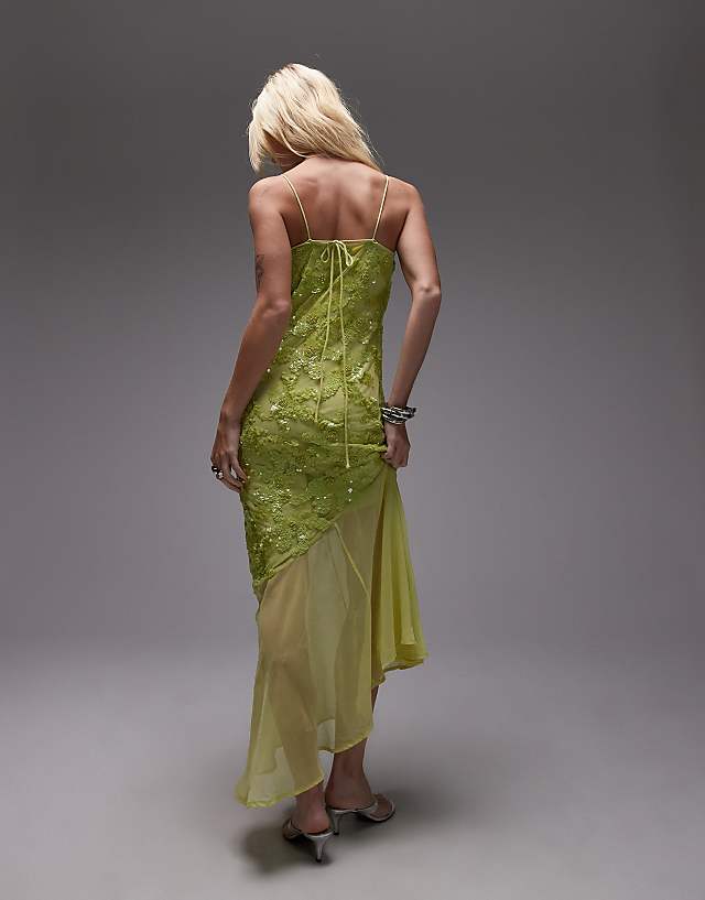 Topshop Embellished Godet Hem Cami Dress In Lime Green