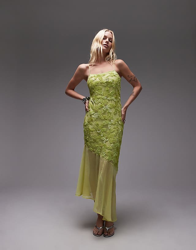 Topshop embellished godet hem cami dress in lime green