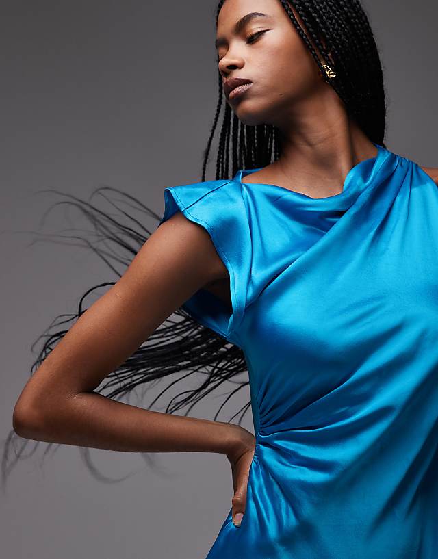 Topshop Grown On Shoulder Ruched Waist Mini Dress In Blue Satin