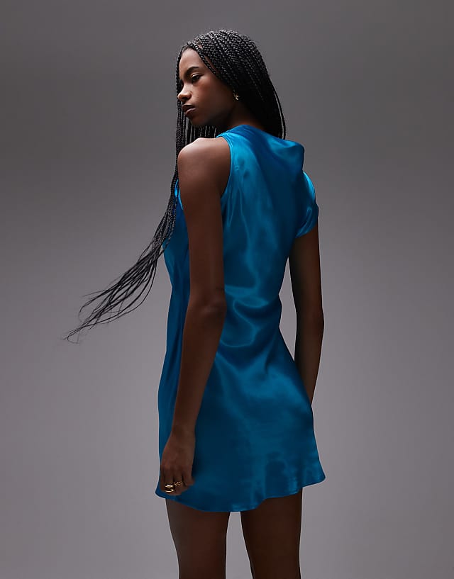 Topshop Grown On Shoulder Ruched Waist Mini Dress In Blue Satin