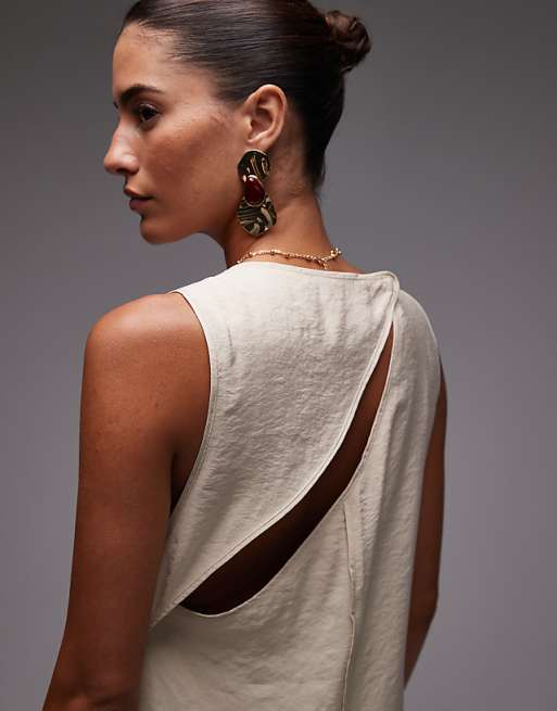 Topshop High Neck Open Back Chuck On Cupro Midi Dress In Buttermilk